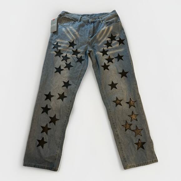Star Patch Straight Leg Jeans Women’s Size 32 NWT Y2K Vintage Style Denim Pants - Picture 1 of 5